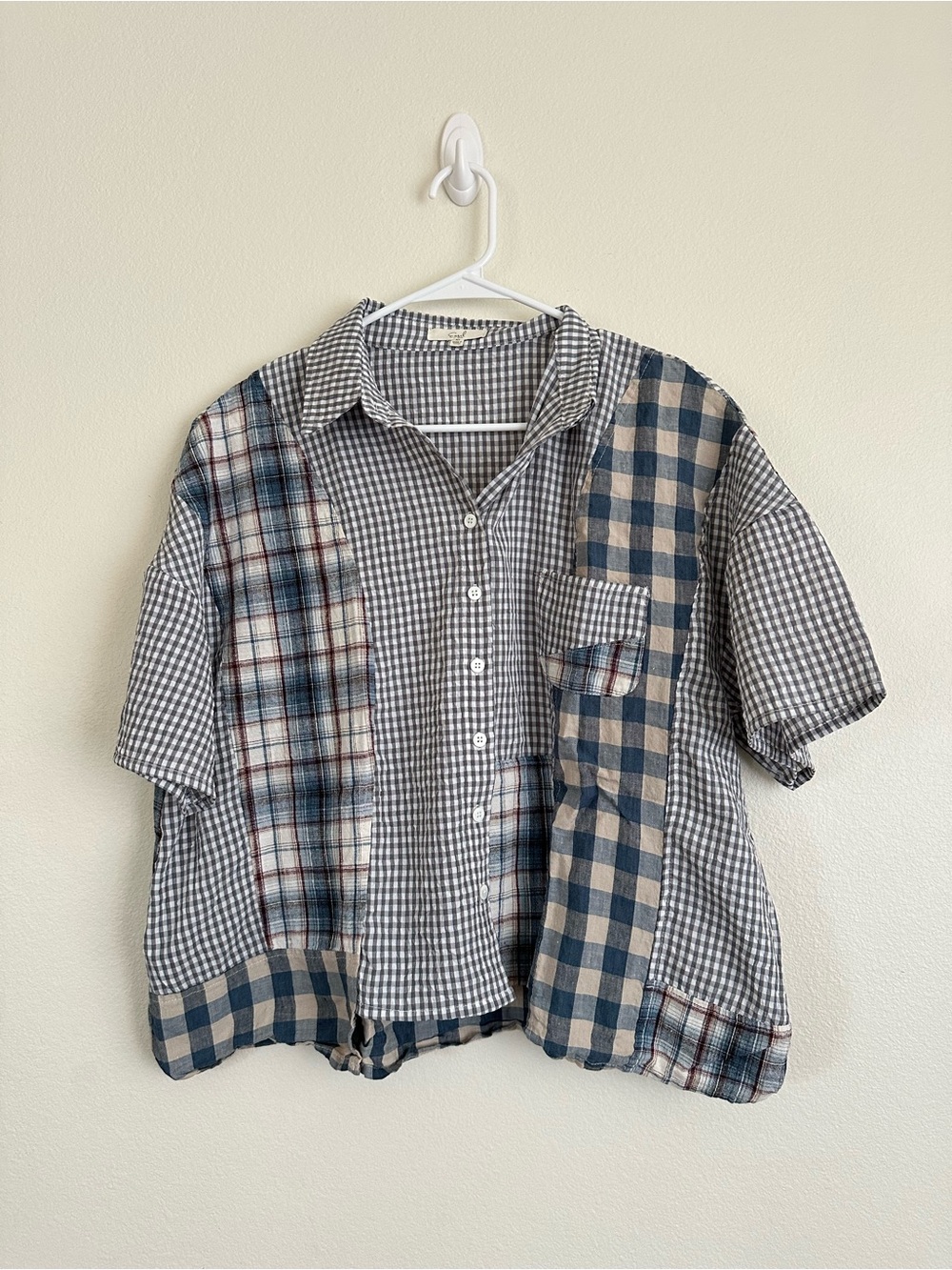 Easel Patchwork Gingham Plaid Short-Sleeve Shirt - Blue/Grey
